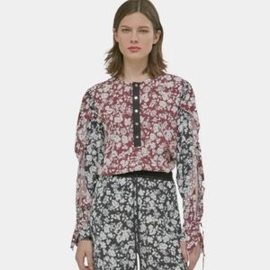 Yigal Azrouel Celosia Floral Round Neck Long Sleeve Black Maroon Blouse …